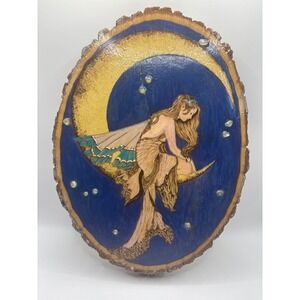 Fairy on Crescent Moon Wood Slice Wall Art Pyrography Mixed Media Bark Edge 11"
